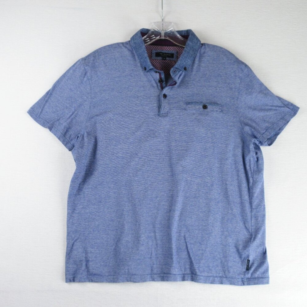Ted Baker Cotton Contrast Collar Polo Heather Blue Size XXL Mini Stripe